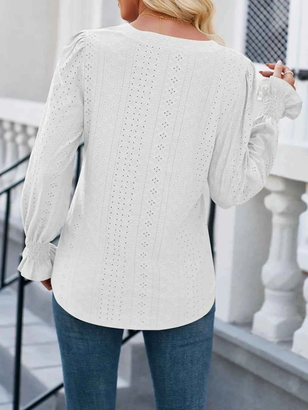 Lovelet Eyelet Notched Flounce Sleeve Blouse 24b9c7f5-80b1-4740-bee4-1f26f6664f39-Max