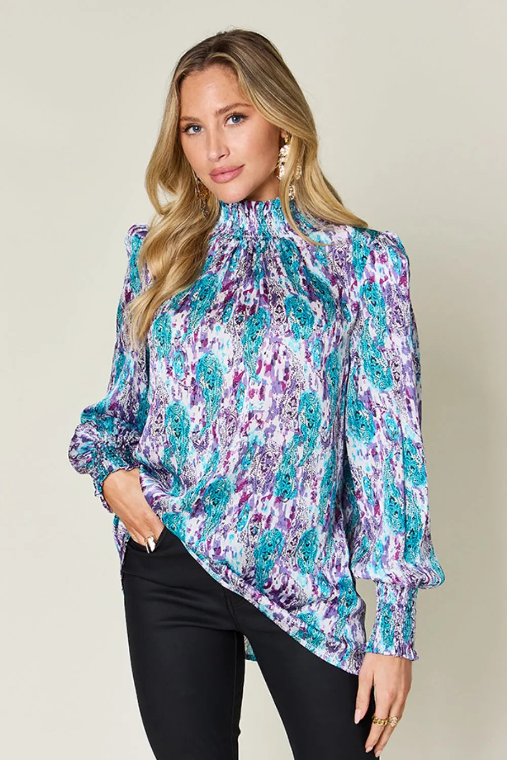 Double Take Full Size Printed Smocked Long Sleeve Blouse 24c2e071-67be-4034-9801-5f0e9d2d1c5c-Max