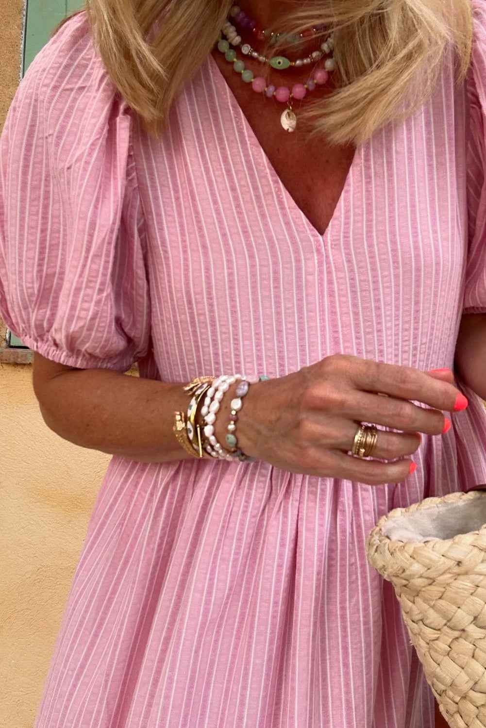 Pink Striped V Neck Puff Sleeve Frill Tiered Maxi Dress 24ebb4e15d3e0e96