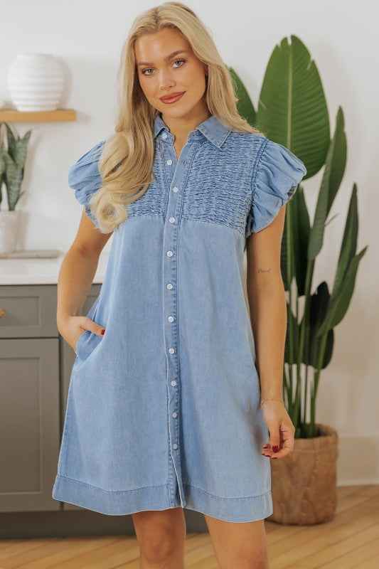 Vanessa Flutter Sleeve Button Up Denim Dress Beau Blue S - 4 6 24edba26-8aa4-44e9-9161-996f27dd227d