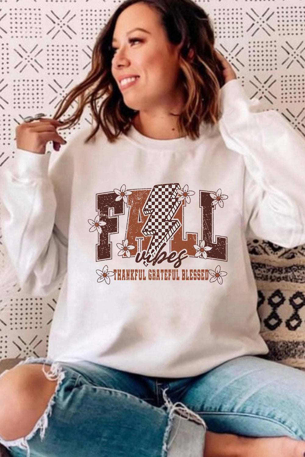 White FALL THANKFUL GRATEFUL BLESSED Heat Transfer Printing Graphic Drop Shoulder Sweatshirt 24f81f68302335da
