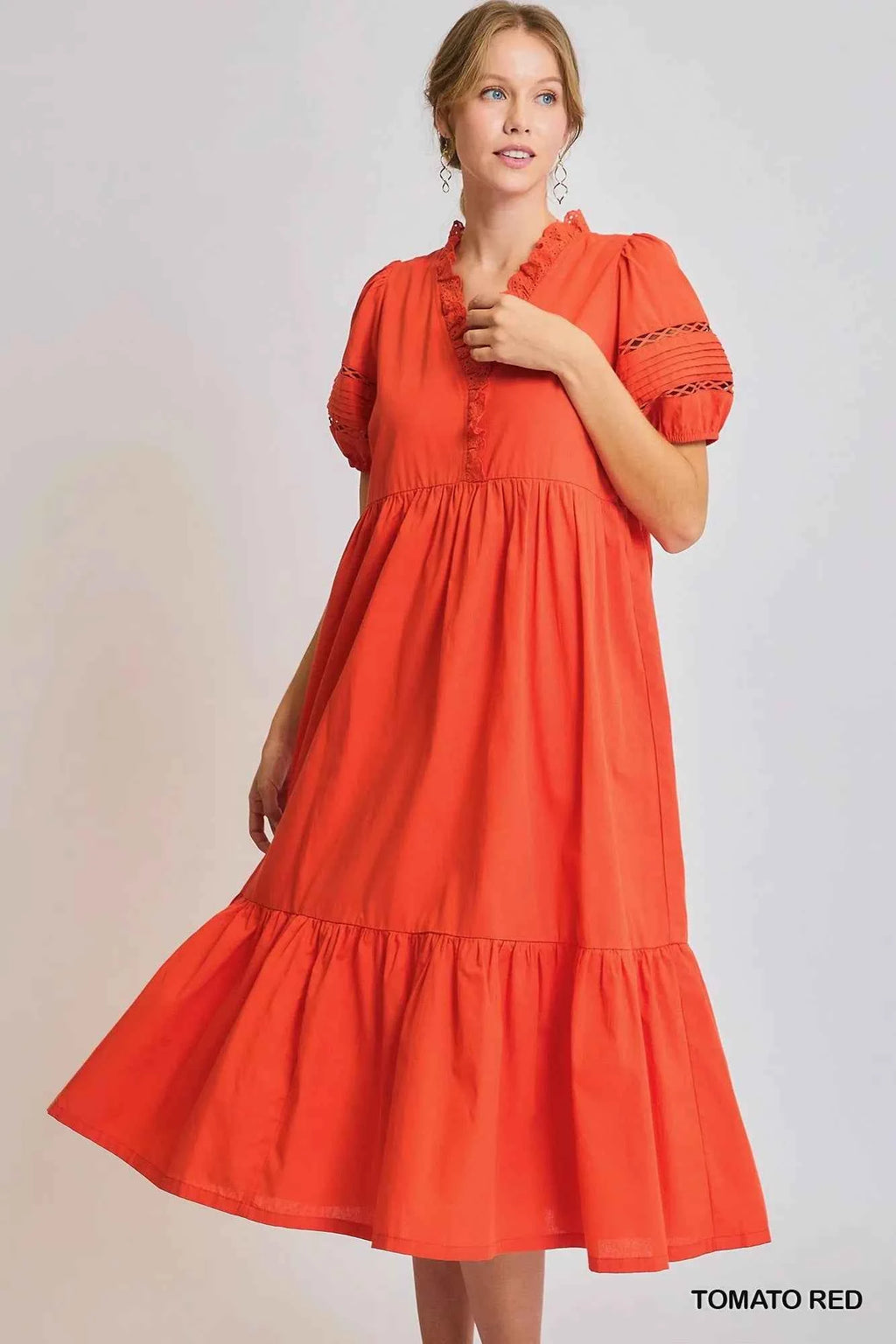 Umgee Short Sleeve Lace-Trim Ruffled Midi Dress TOMATO RED 2505ec5e-4f23-4193-ba41-c9fe3e146bdf-Max-Origin