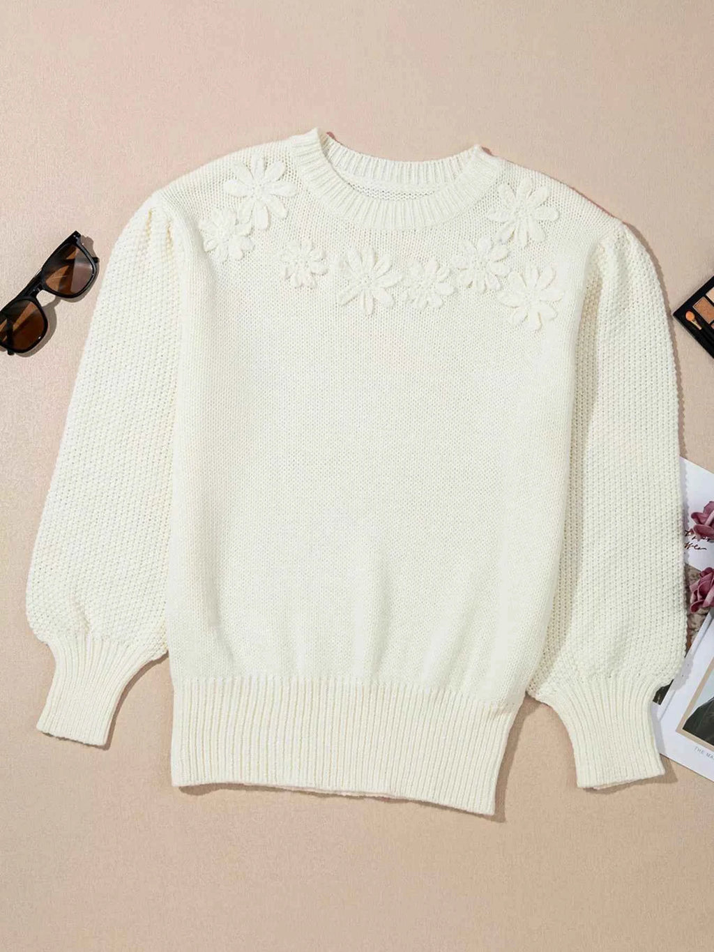 Flower Detail Round Neck Contrast Textured Puff Sleeve Sweater 251c048ec7d3413886e250269ea776ce-Max-Origin