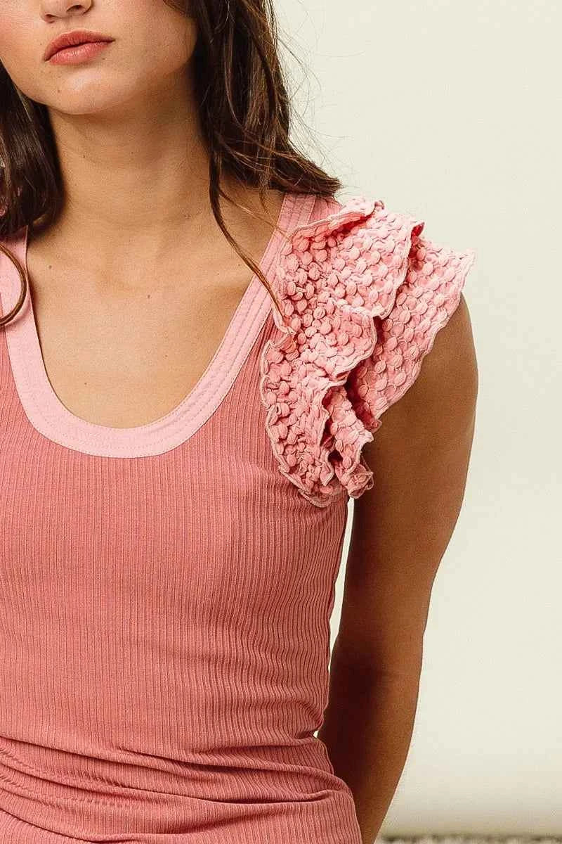 BiBi Rib Knit With Textured Ruffled Top 251e8b9e947e43898dd44769e06b8a3a-Max-Origin