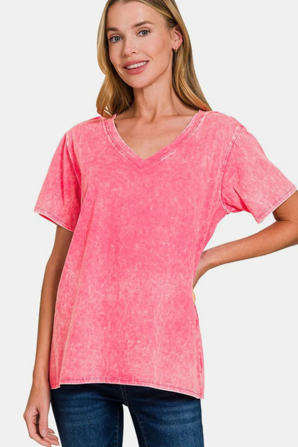 Zenana Full Size Washed Short Sleeve V-Neck T-Shirt Strawberry 251fe6d9-2aa7-4ef0-88dd-da9468f57b5e-Max