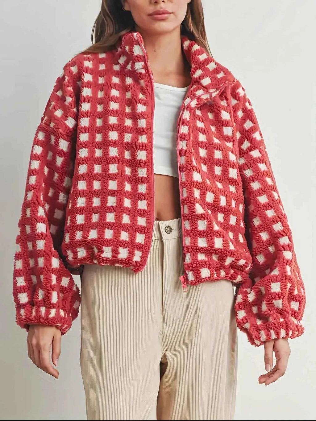 Fleece Checkered Puff Sleeve Bomber Jacket Red 252c3df9-a70e-43ac-a47b-0c7c93a9fc09-Max-Origin