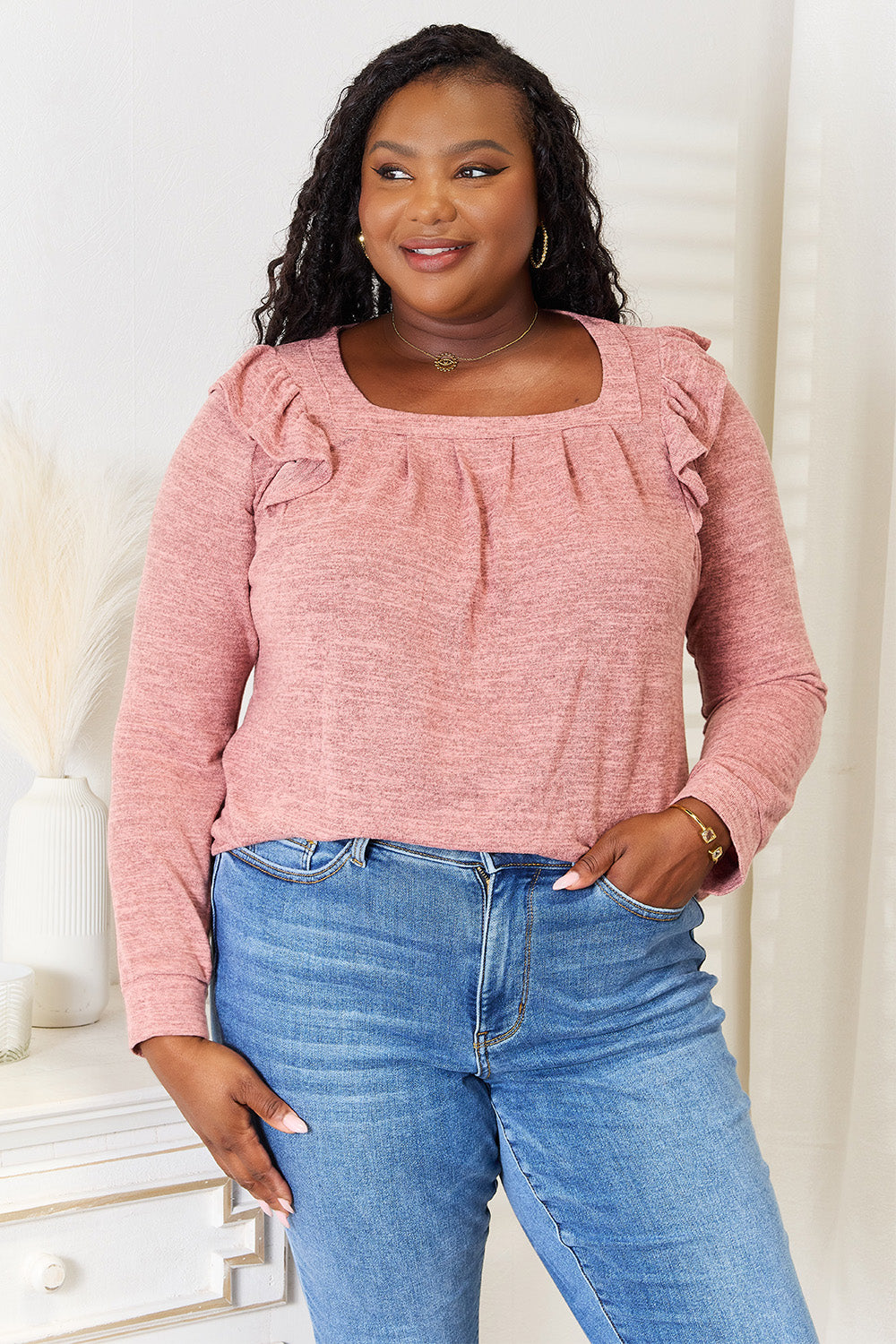 Double Take Square Neck Ruffle Shoulder Long Sleeve T-Shirt Dusty Pink 2532a537e69547c5b8bd9124f0b52bd3-Max
