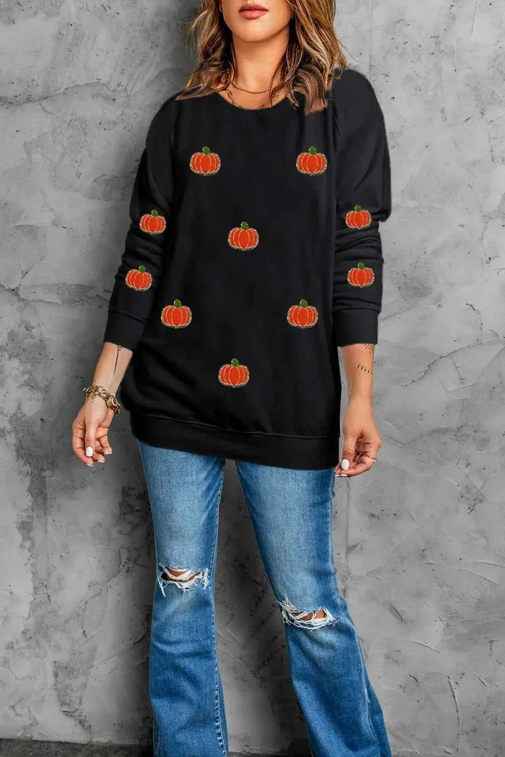 Pumpkin Round Neck Long Sleeve Sweatshirt 253a4800-0563-4888-8505-3a6b43ca1ebb-Max