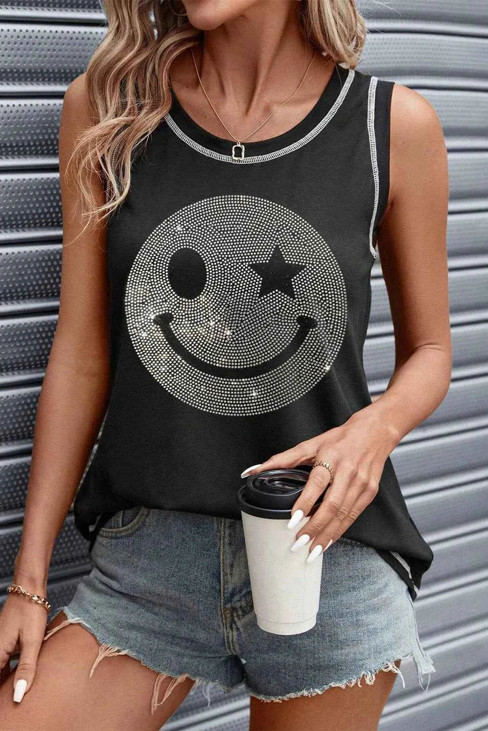 Rhinestone Smile Face Round Neck Tank 25541508-fae8-4bb7-8d46-00dc273b5cd3-Max