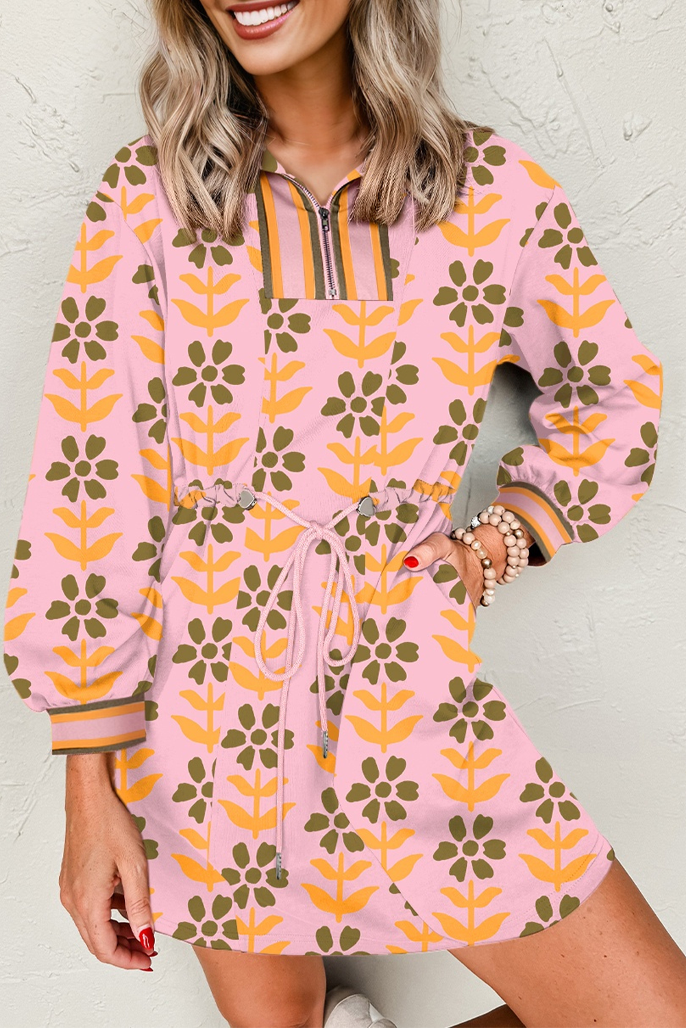 Pink Floral Print Zip Neck Striped Patchwork Long Sleeve Drawstring Dress 25568d2b60152abf