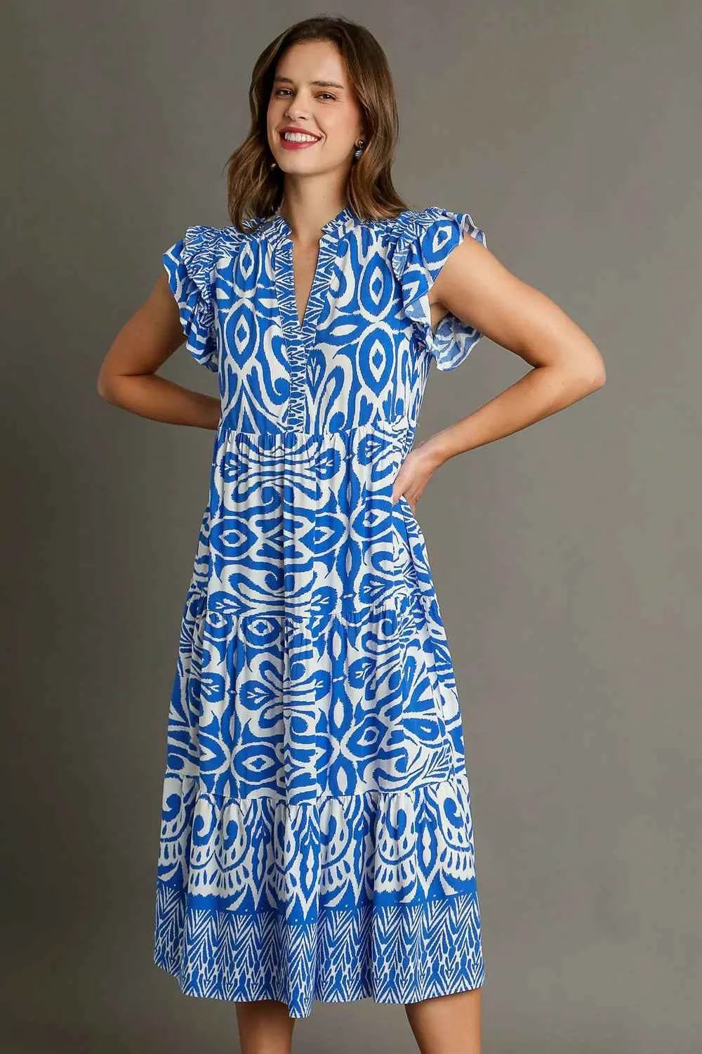 Umgee Full Size Two Tone Border Print Ruffle Cap Sleeve Midi Dress Plus Size Blue 25634c75-56e5-411b-82d3-ff615d579cc8-Max