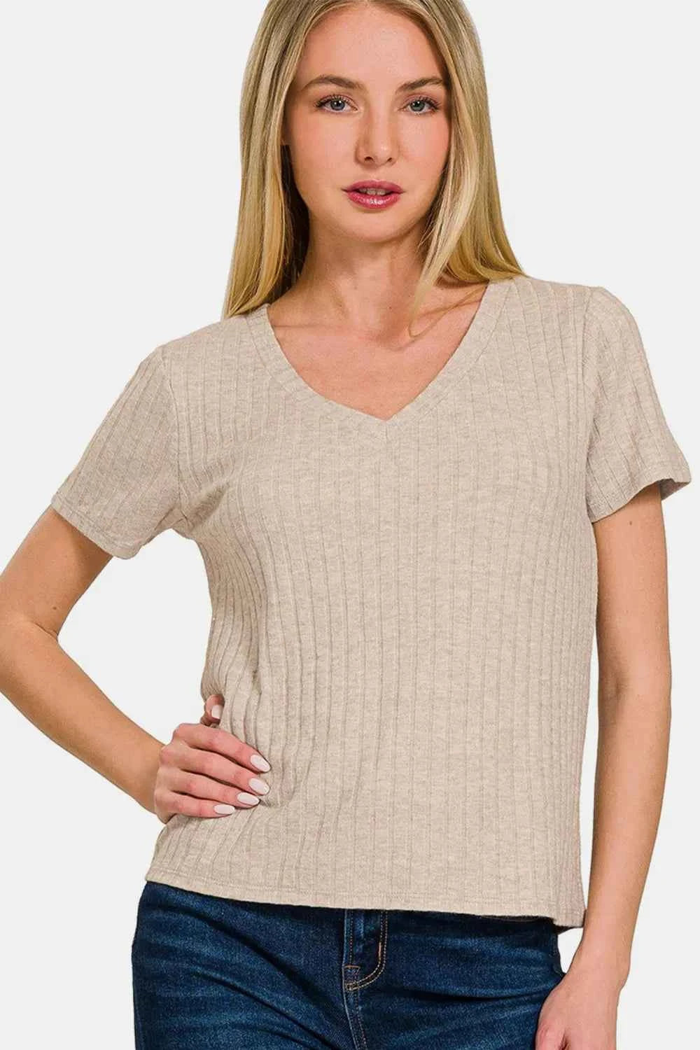 Zenana Ribbed Short Sleeve T-Shirt Ash Mocha 256bf1e2-a07f-44ce-99ee-8d39d1b40a26-Max