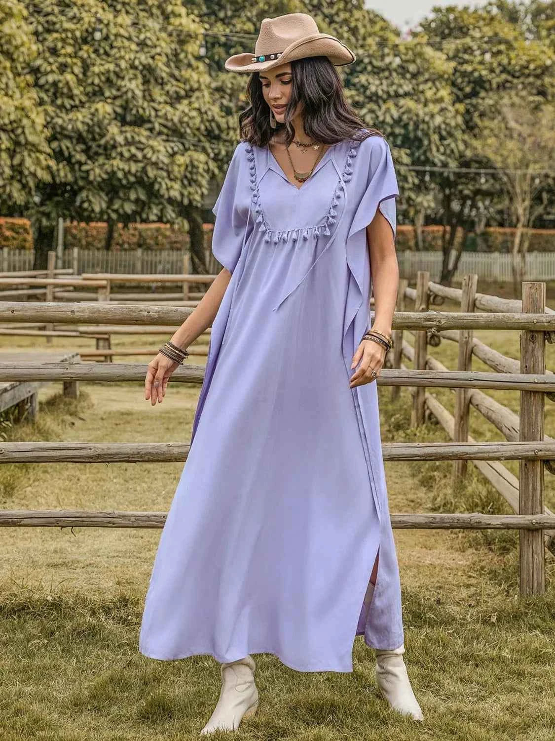 Side Slit Tie Neck Flutter Sleeve Dress 2570c03b-4b0f-4b2c-b242-b07fe3d53d3d-Max-Origin