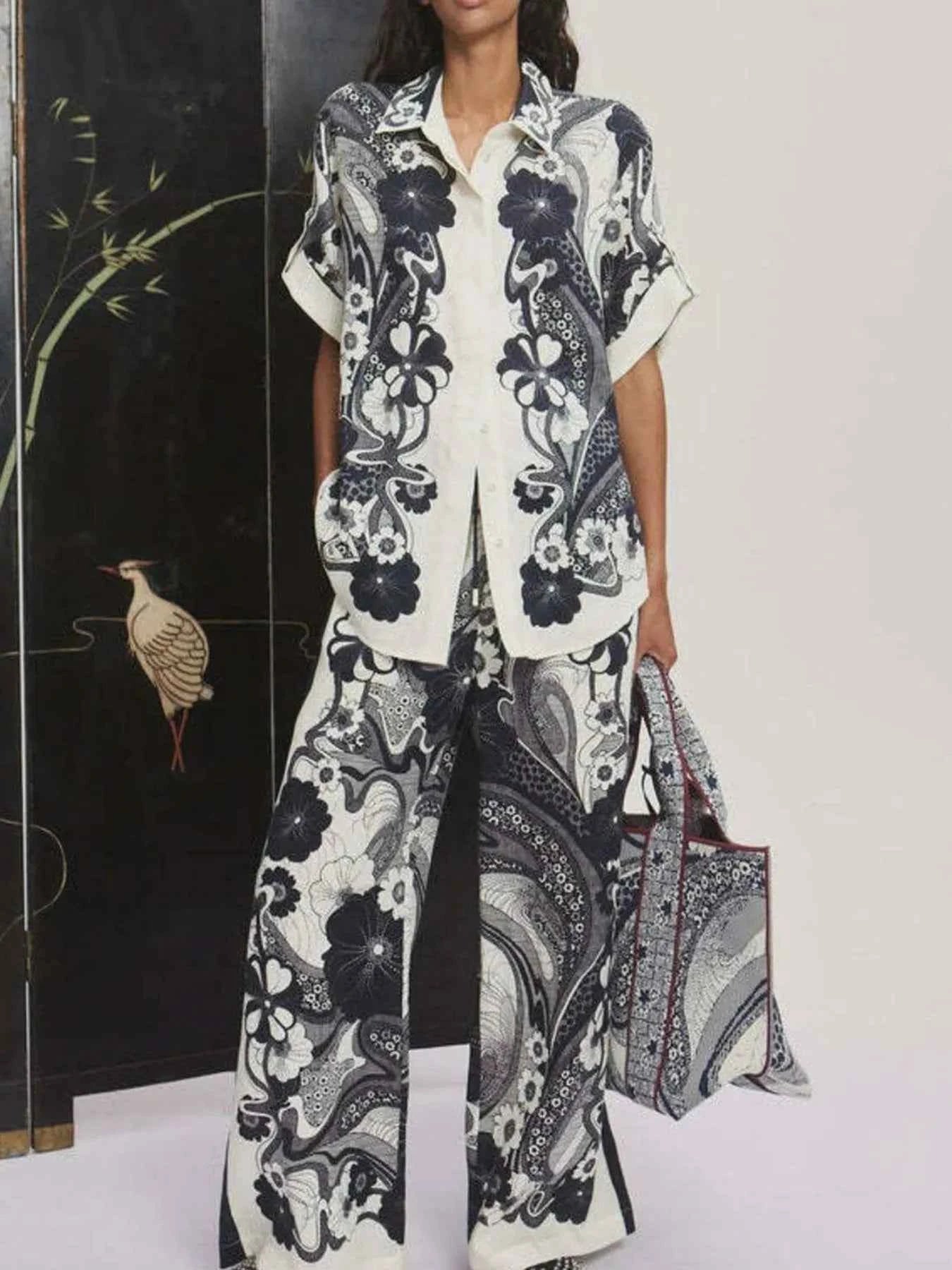 Printed Button Up Shirt and Pants Set Dark Gray 2572caa0-1d54-4339-ab93-c732cb09e445-Max-Origin