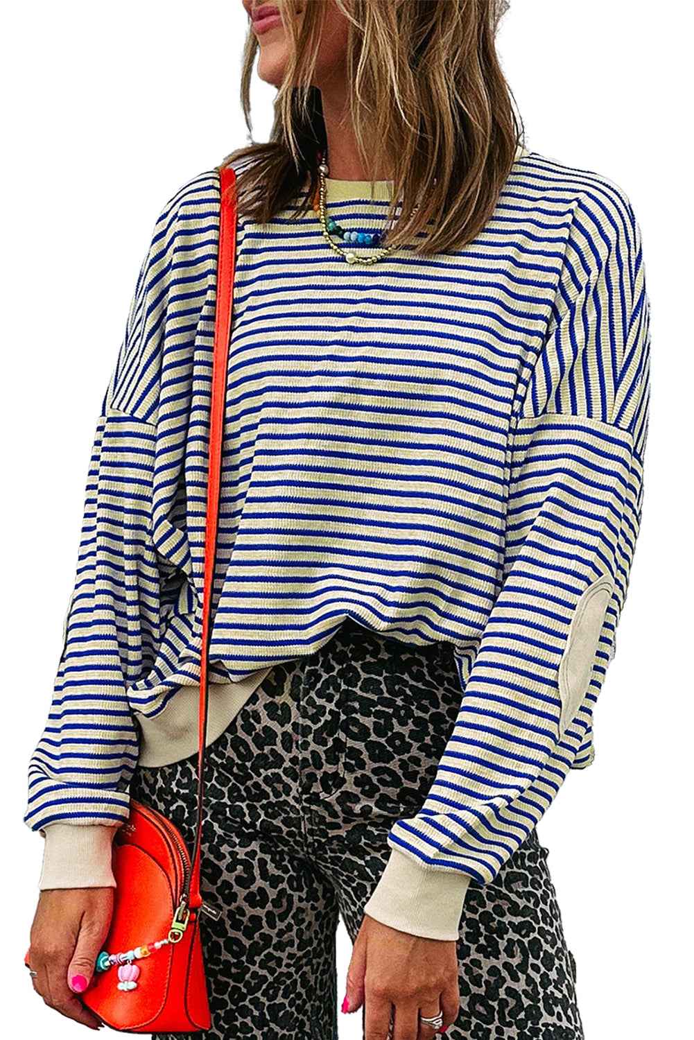 Blue Stripe Textured Elbow Patched Crew Neck Drop Shoulder Sweatshirt 2586ce7460a02c1d
