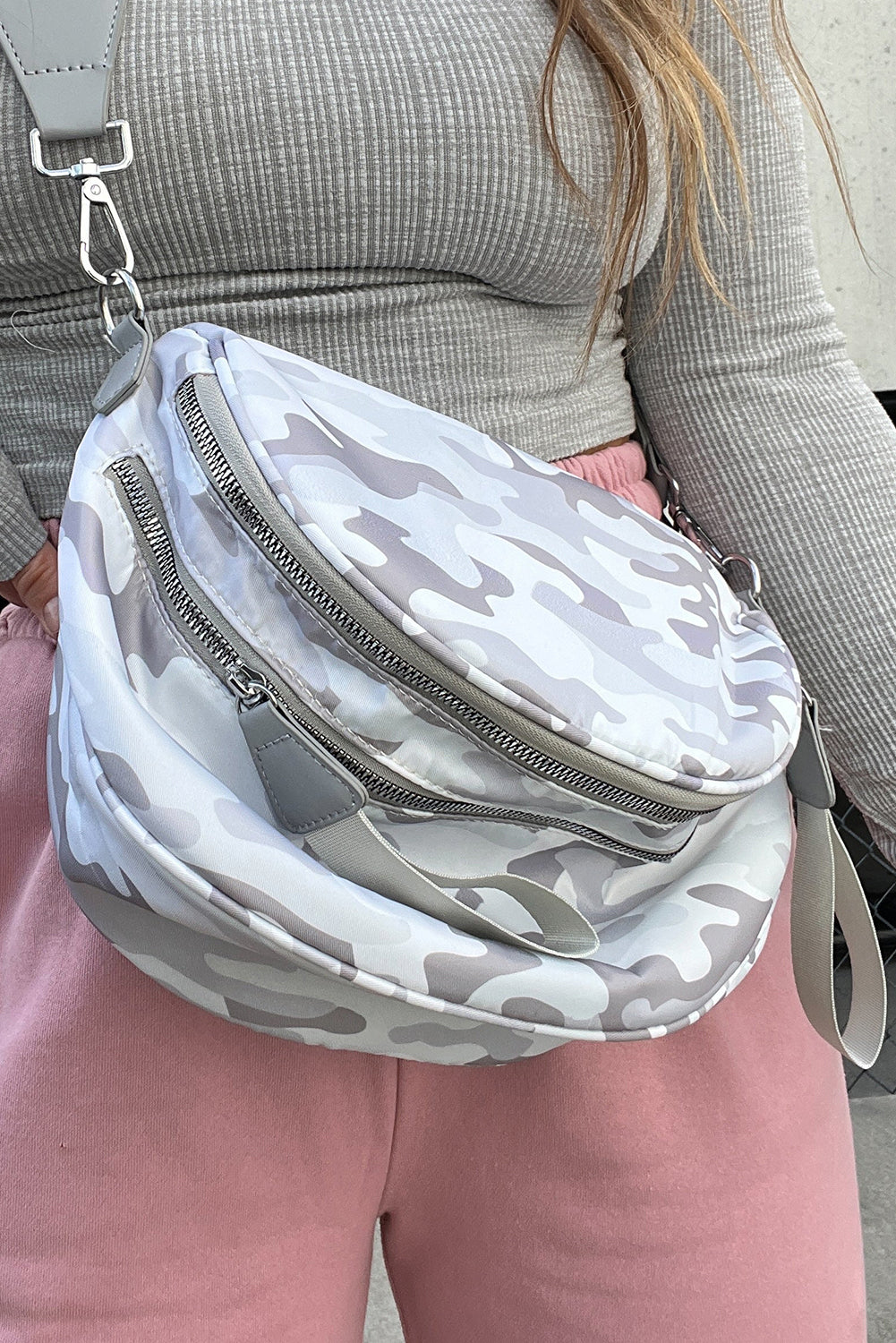 White Camouflage Print Double Zipper Crossbody Bag 2589421665b7a9b8