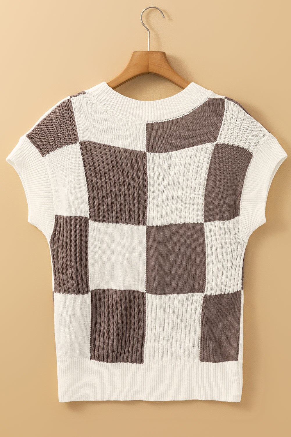 Light Blue Checkered Color Block Crew Neck Short Sleeve Sweater 258d606a99079ce1
