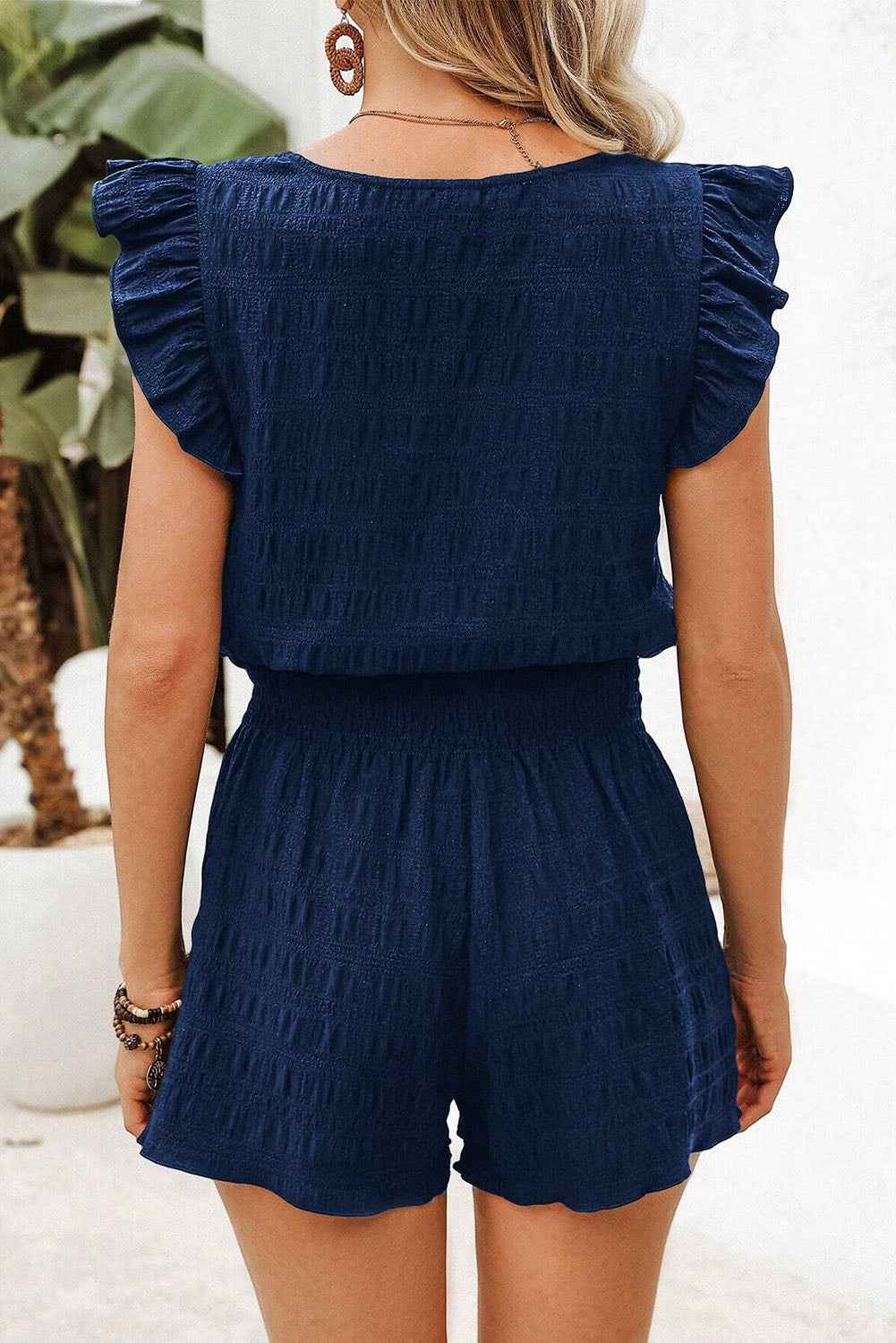 Dirty Blue Textured Ruffle Top and Shirred High Waist Shorts Set 25a8bbdf01a4de56