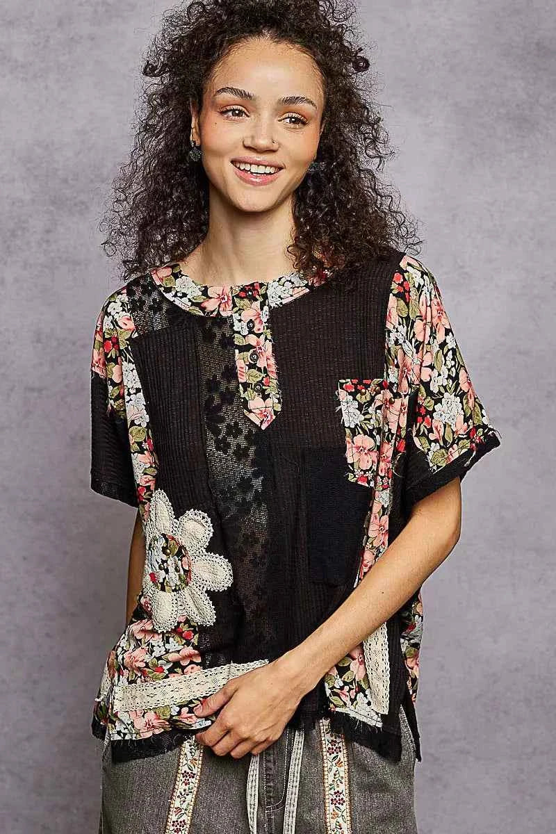 POL Lace Round Neck Short Sleeve Floral Pattern Top with Patch Detail 25b01c5b-7f88-4a74-b7ac-125a86f3dc94-Max-Origin