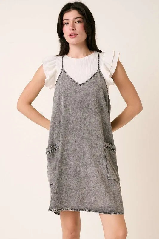 Mittoshop Washed Patch Pocket Mini Cami Denim Dress Gray 25cb7996-b589-44d0-9ef7-1e1b1fa6c04c-Max