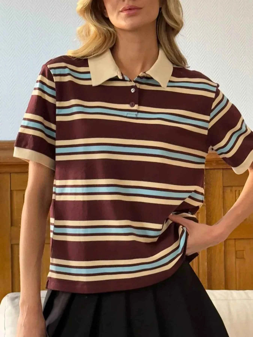 Striped Polo T-Shirt with Contrast Collar Dark Brown 25db2022-493c-4e63-8bb1-3a51f8bd10d4-Max-Origin