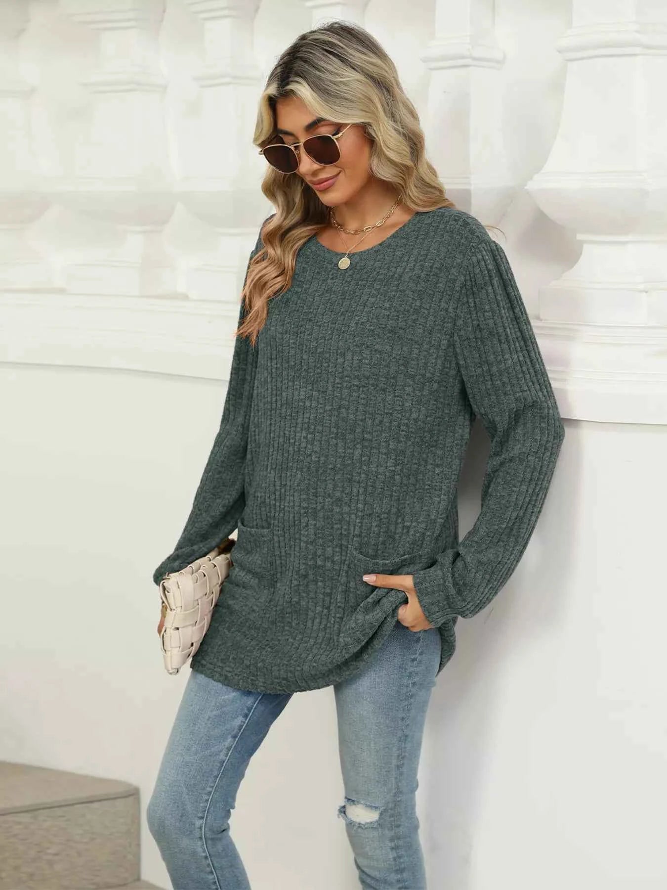 Ribbed Knit Long Sleeve T-Shirt 25ebb04a2523465d9f1646f7245fe433-Max-Origin