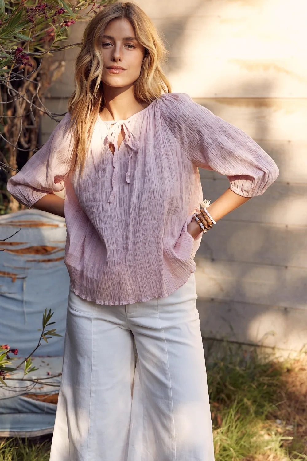 In February Textured Tie Neck Blouse Dusty Pink 25f81606-50f9-467e-8283-f9740f9168e1-Max