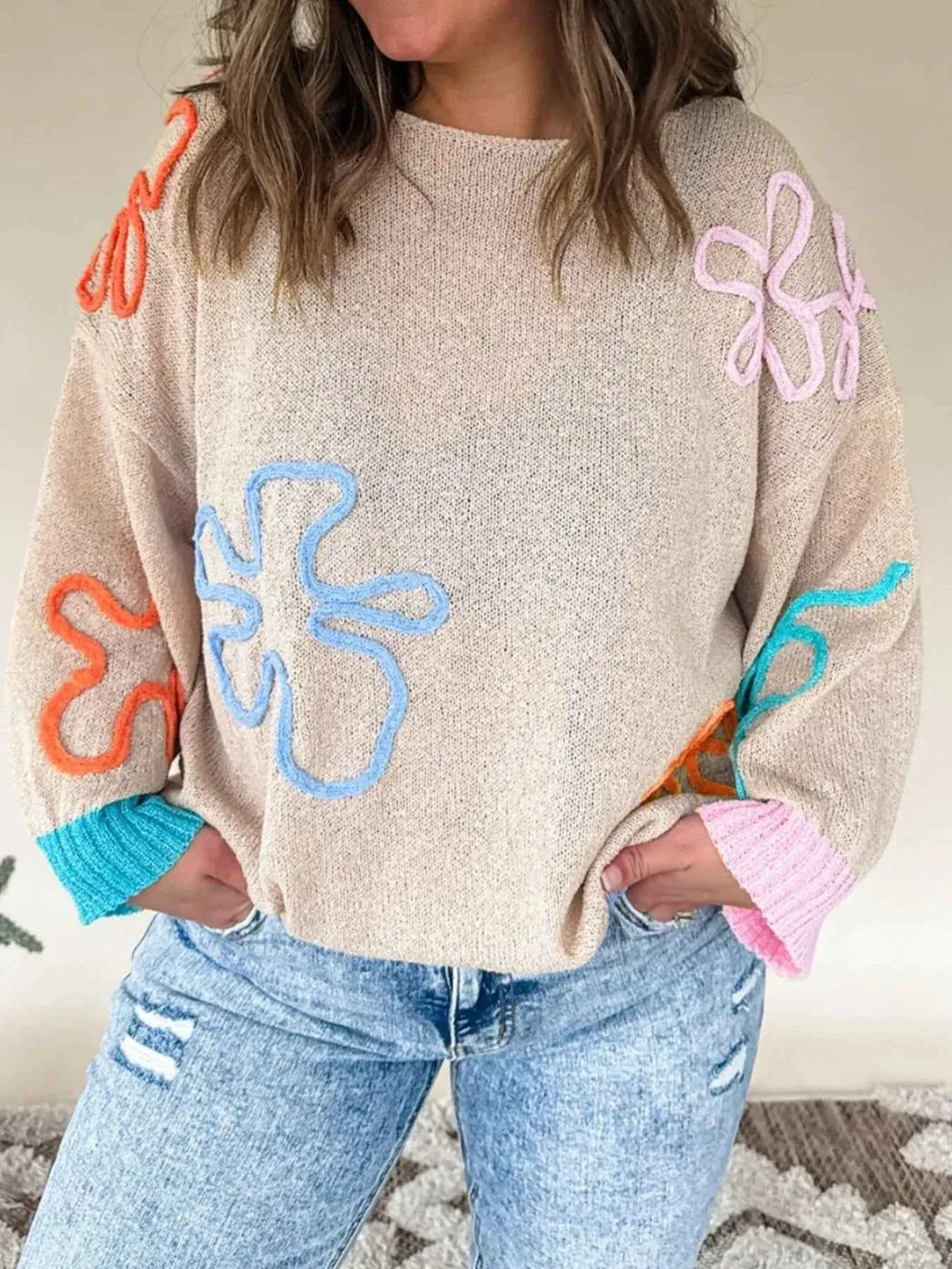 Flower Round Neck Drop Shoulder Sweater 25fa990b-d771-4943-9830-c547ccc0f9dc-Max-Origin