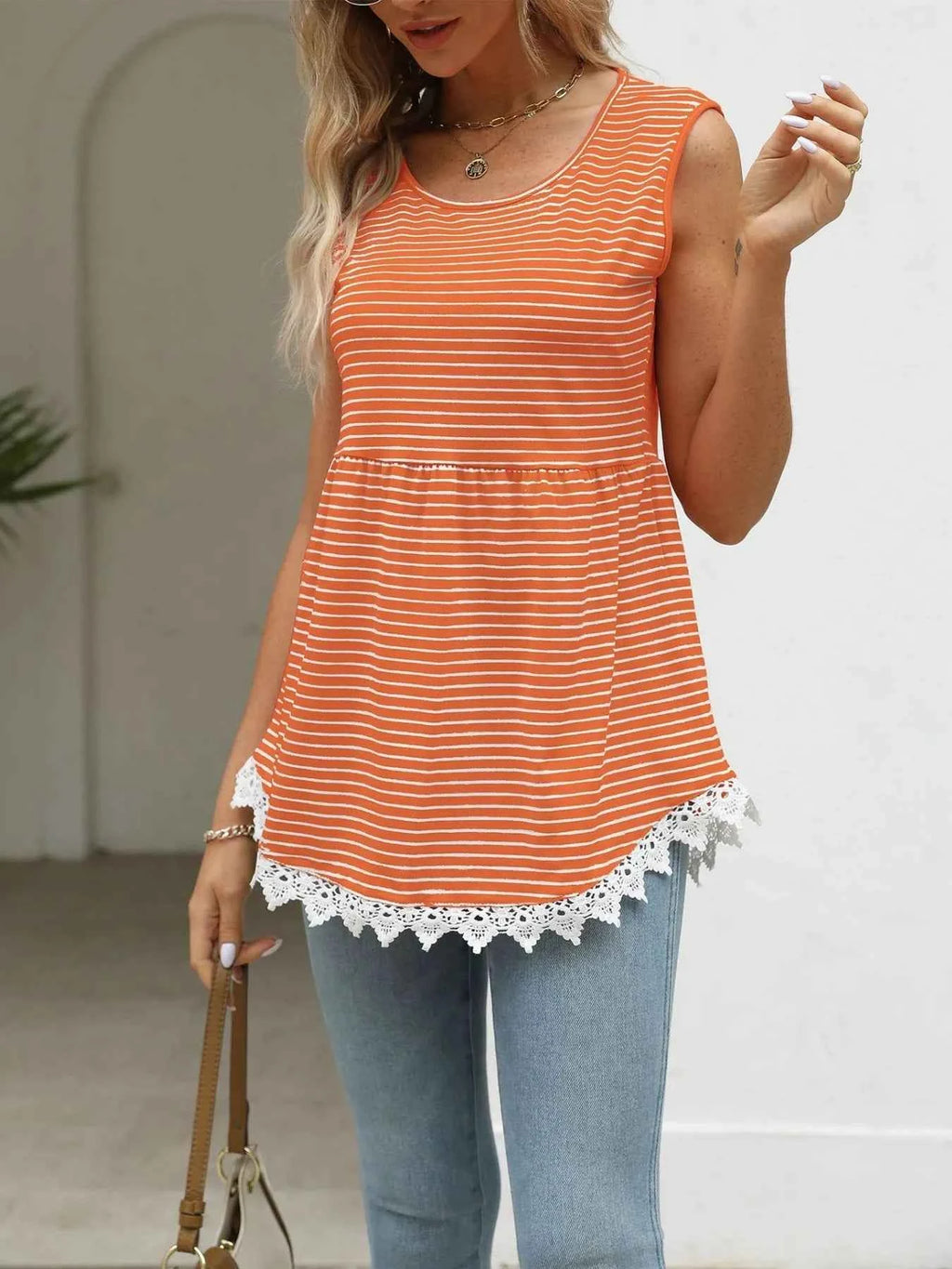 Lace Trim Sleeveless Babydoll Tank Top Orange 2608c586-3a2d-4181-b61a-37cf77df0987-Max-Origin