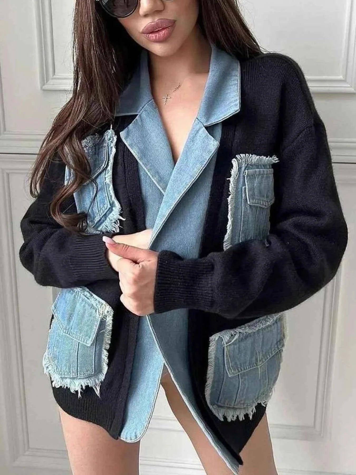 Raw Hem Denim Pocket Patchwork Cardigan Black 260dea00-9949-4aff-b0ff-80c916a36441-Max-Origin