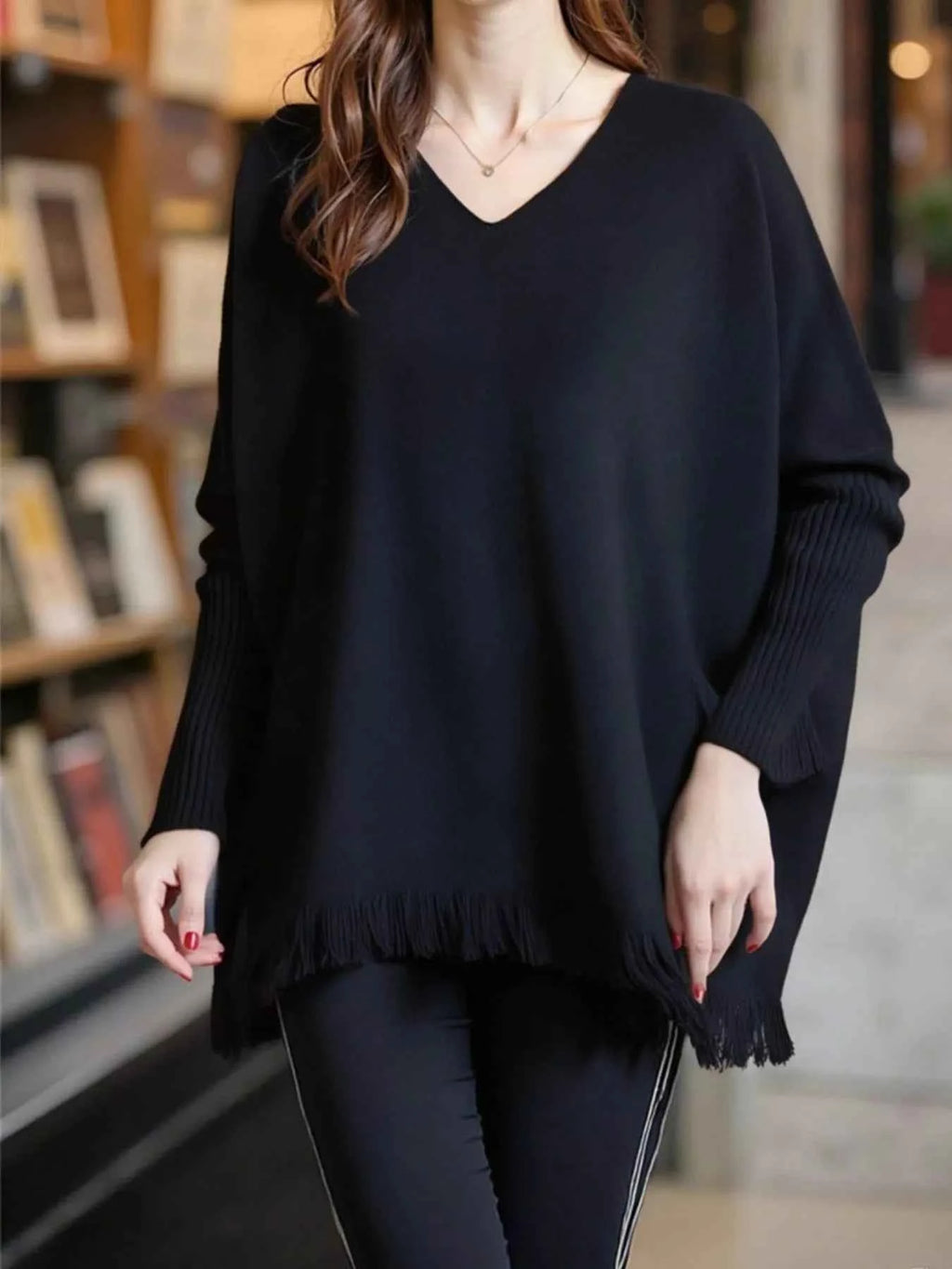 Raw Hem V-Neck Sweater 2611bf6b-0c44-49cc-aa8d-a98ced281d2f-Max-Origin