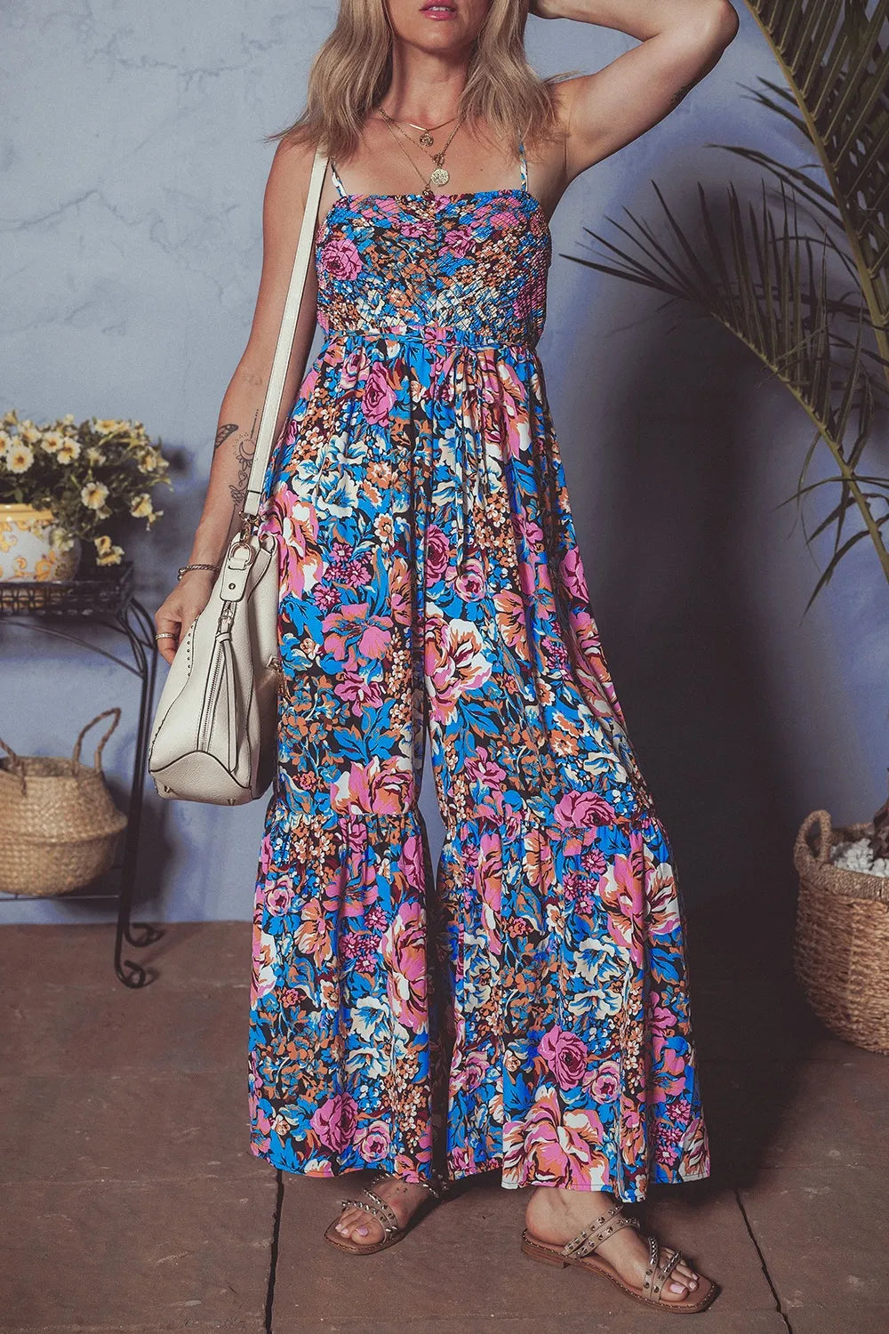 Floral Smocked Spaghetti Straps Wide Leg Jumpsuit 2618a726-90e3-487b-9e30-ac3d7b0118ed-Max