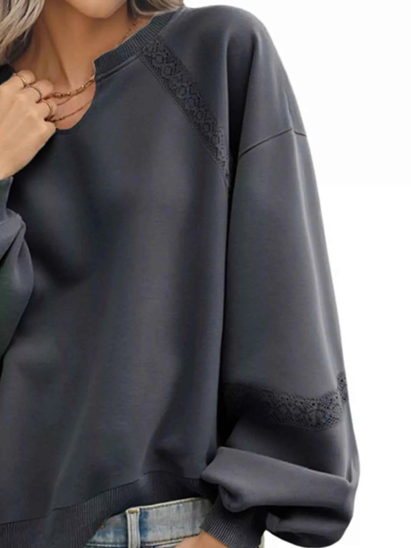 Lace Detail Notched Long Sleeve Sweatshirt 26193dca-113e-4438-b225-20c1dc370b70-Max-Origin