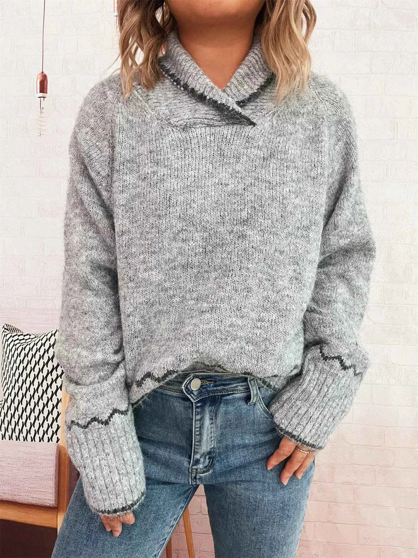 Ribbed Contrast Trim Long Sleeve Sweater Light Gray One Size 263863d73822416a8c68d4623d02c837-Max-Origin