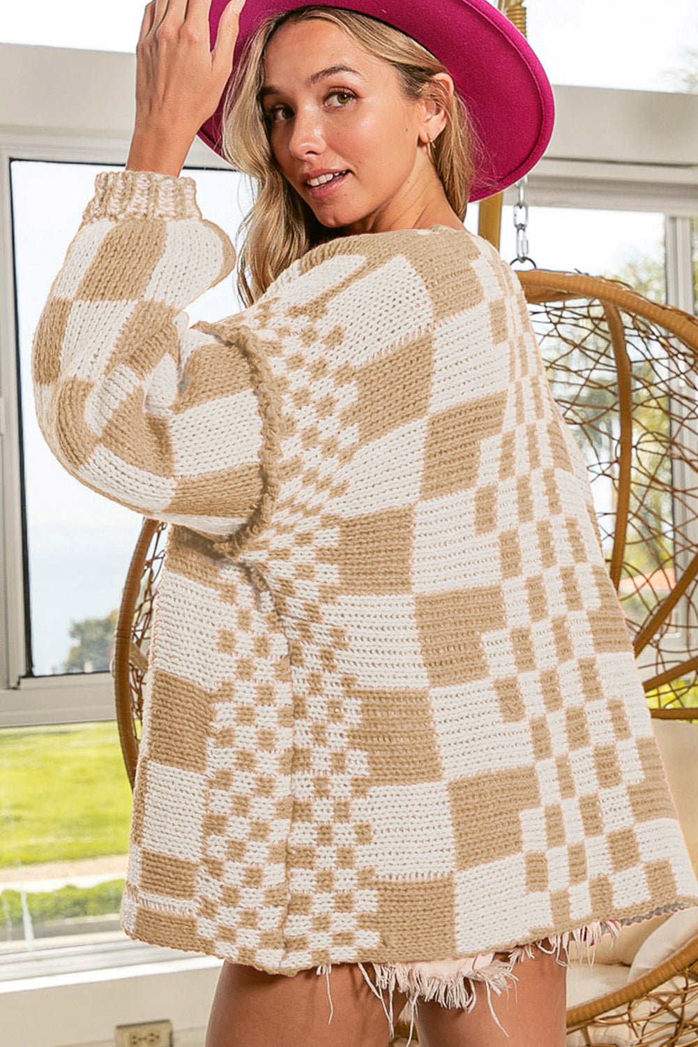 Smoke Gray Colorblock Checked Open Front Knitted Cardigan 263a9a36c6f207b8