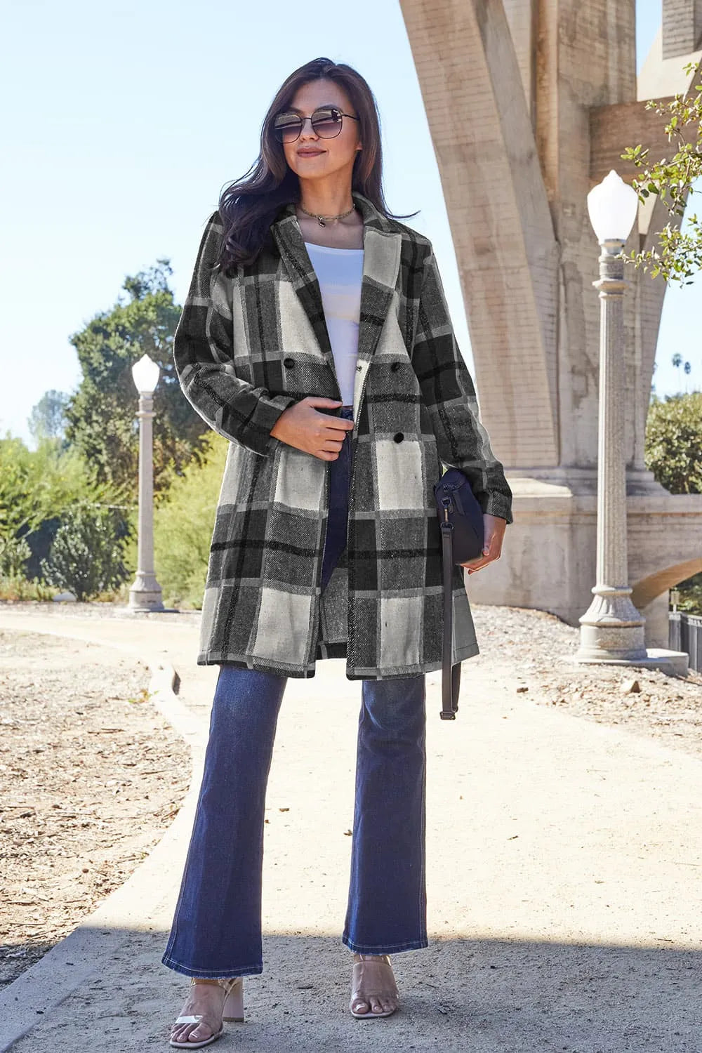 Double Take Full Size Plaid Button Up Lapel Collar Coat Black 264bb85f8fbc4b358e5f75d806e662d7-Max