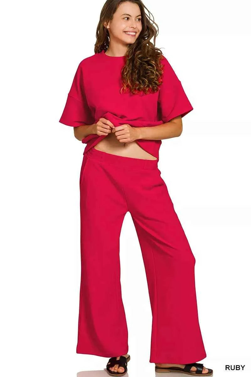 Zenana Ribbed Round Neck Tee & Pants Set 264d35a1c2014478a9a3092410ab99c6-Max-Origin