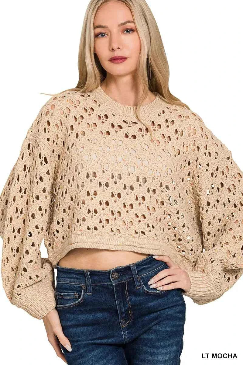 Zenana Oversized Cropped Crochet Knit Sweater LT MOCHA 265d905bd22a4e2181fa4777fa50c5d2-Max-Origin
