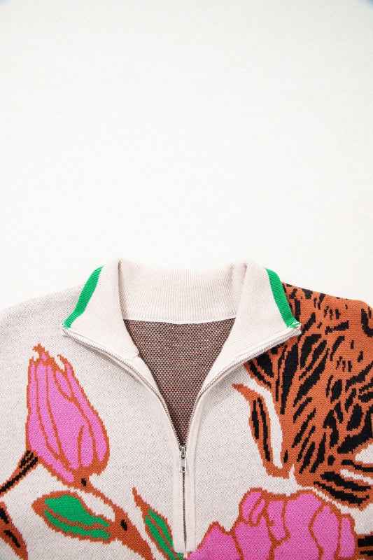 Floral Knit Quarter-Zip Long Sleeve Sweater 265e5479-583b-4a88-8dd6-46b2a756d900