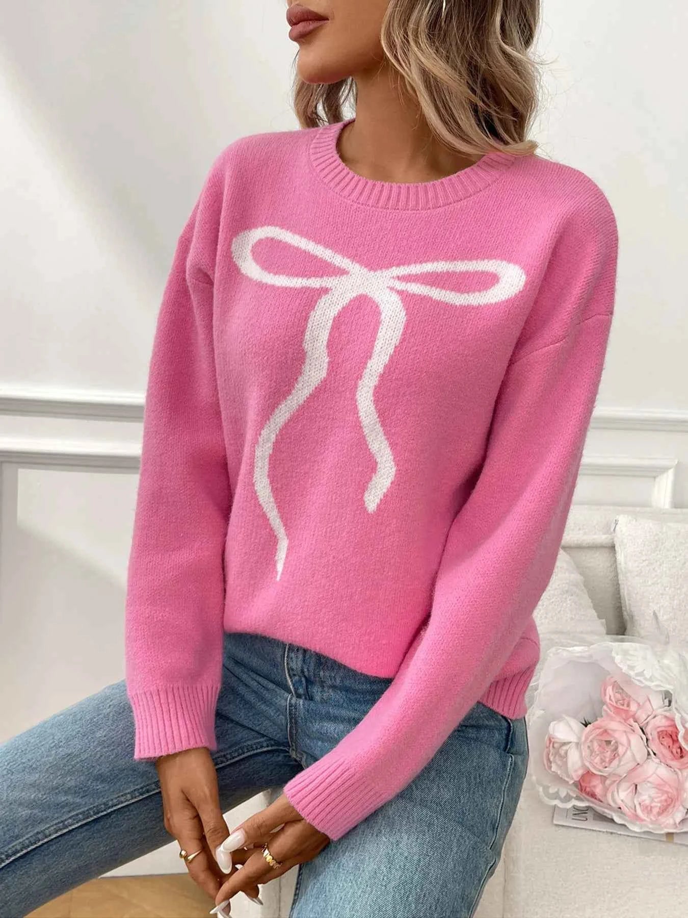 Bow Graphic Ribbed Hem Round Neck Sweater 26620265168d4ff4bad4a3bdb031b1c5-Max-Origin