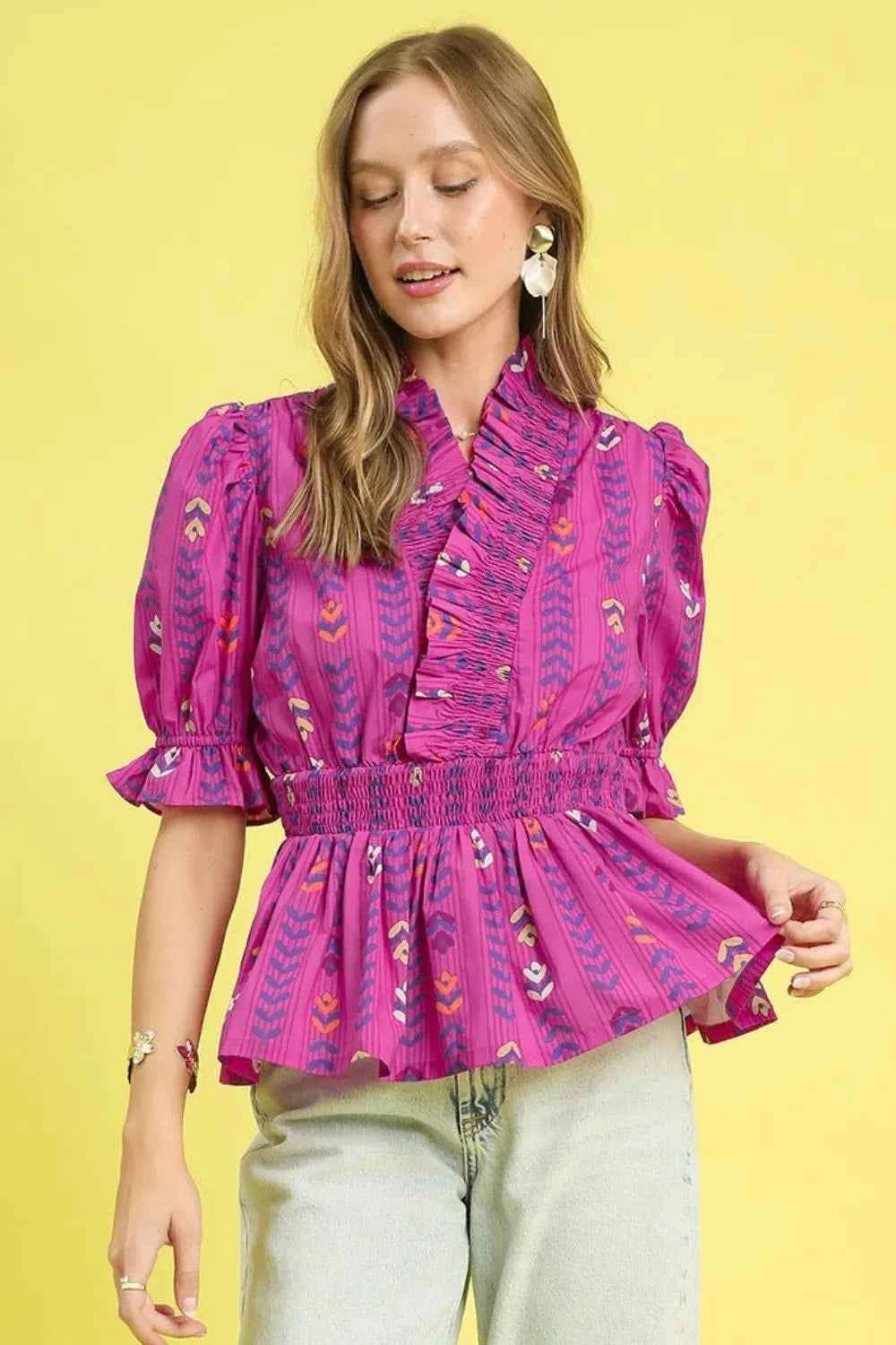 Umgee Printed Half Sleeve Peplum Blouse Red-Violet 2665fed1-a35c-469d-9611-0121f746ac48-Max-Origin