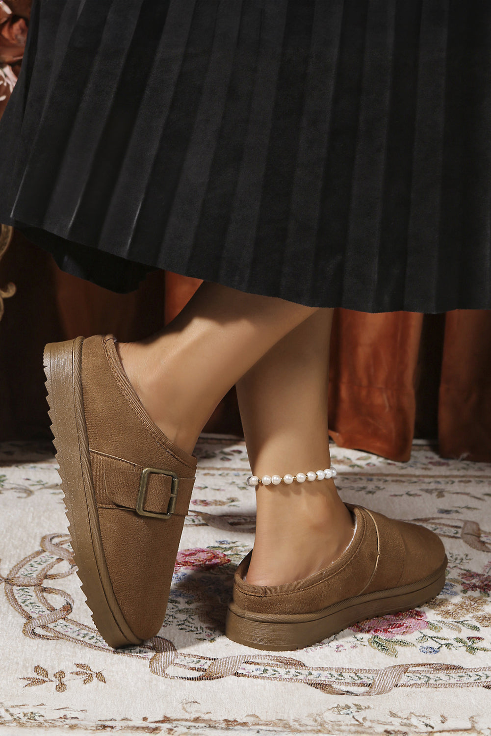 Camel Faux Suede Buckle Strap Detail Winter Clog Slippers 2668ad8487632e89