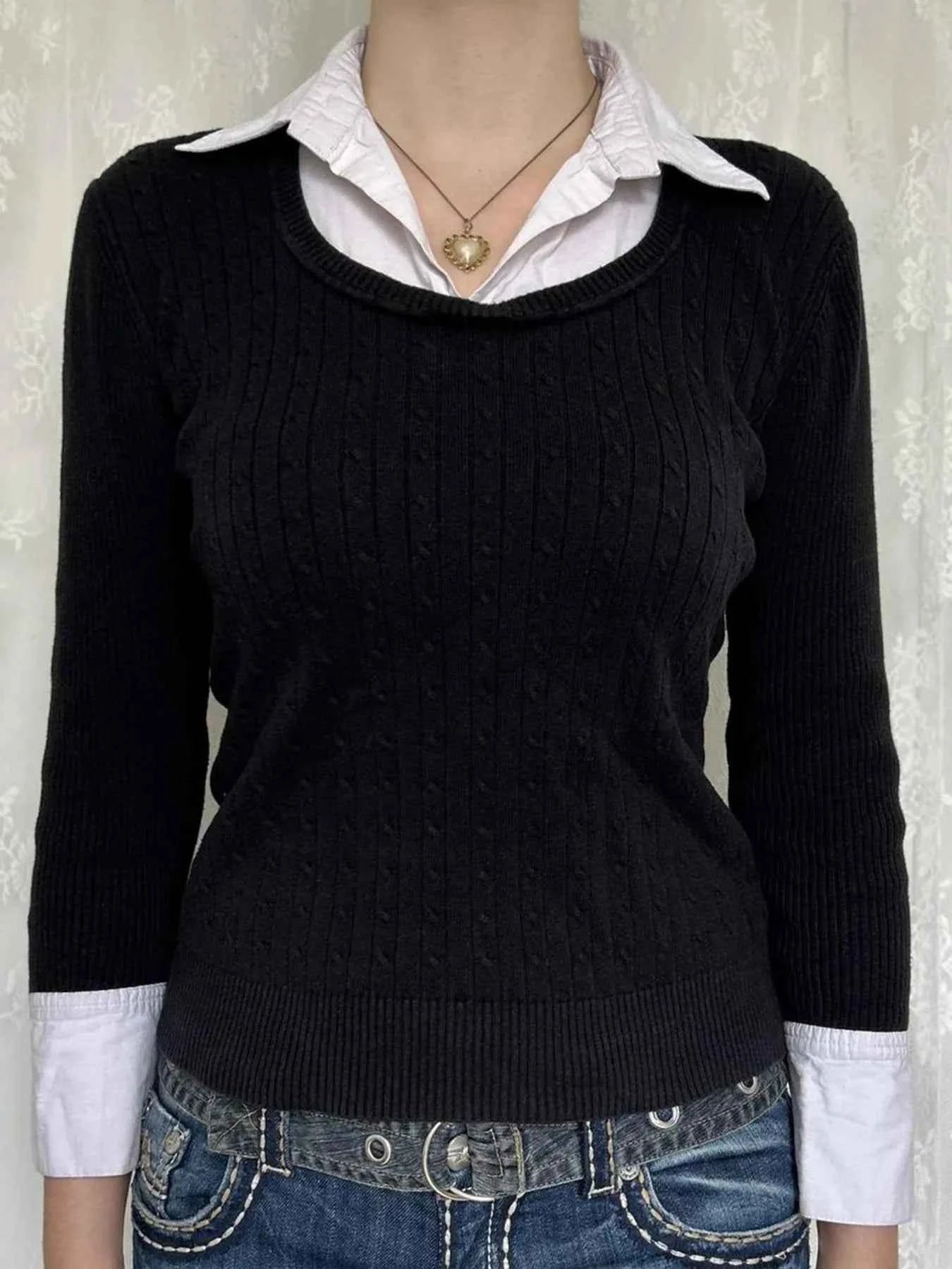 Collared Neck Cable Knit Sweater with Layering Style Black 2681101f9fcb4203a26f6340852243c9-Max-Origin
