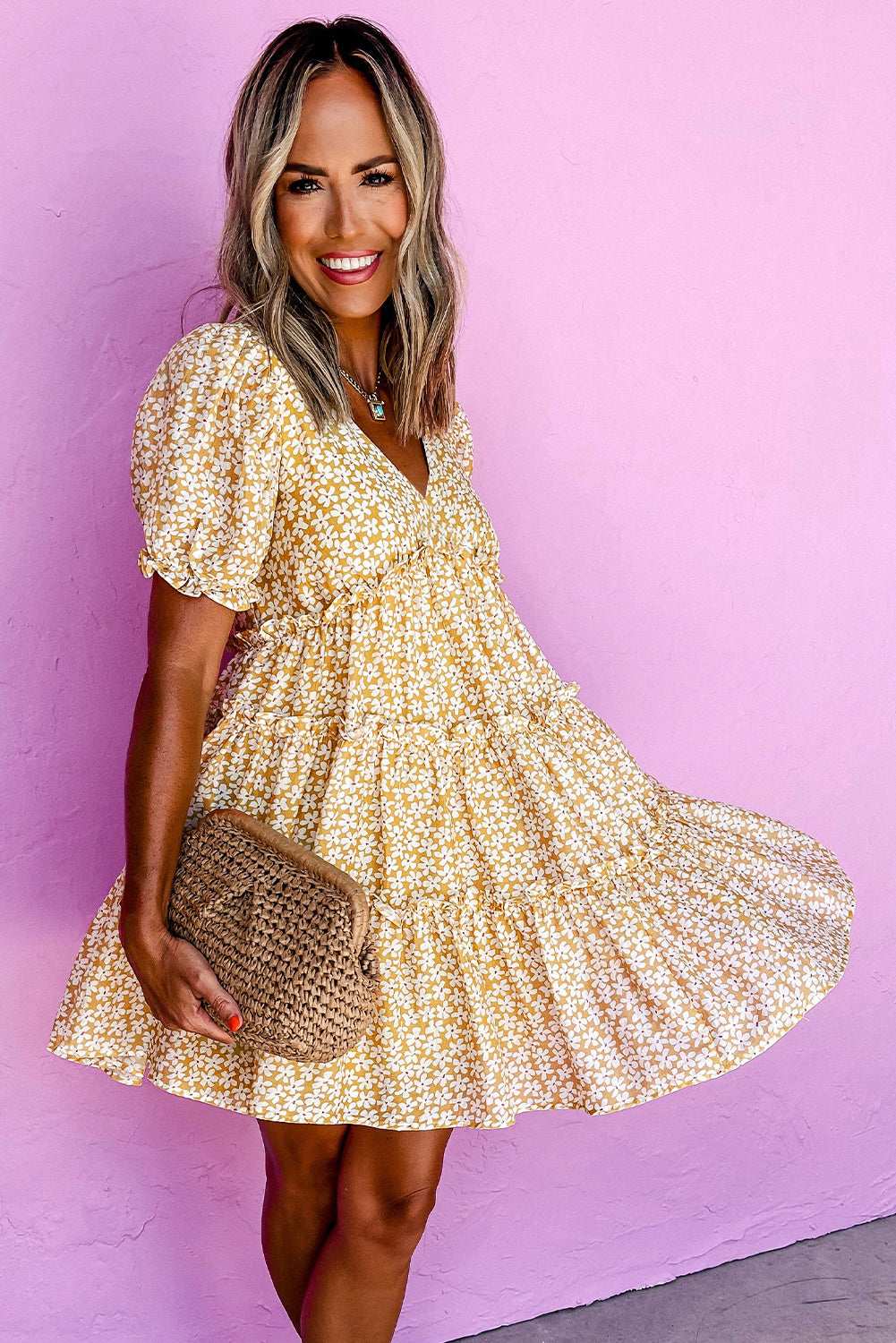 Yellow Floral Short Sleeve V Neck Frill Tiered Mini Dress 2681370a10d58012-_5