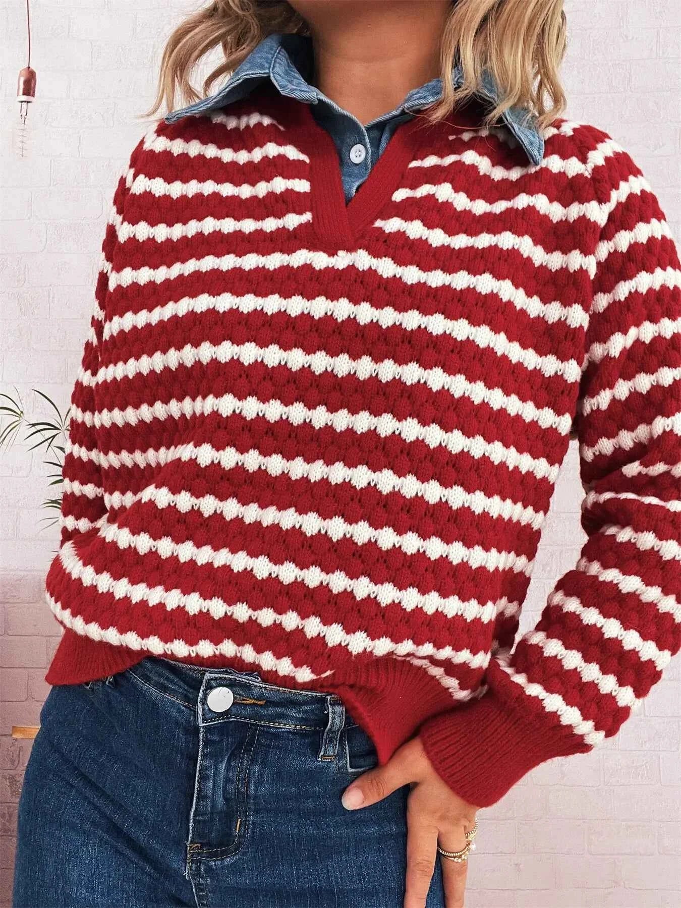 Contrast Striped Sweater with Denim Collar 26830ad06bf043618ed3ffbd8896930d-Max-Origin