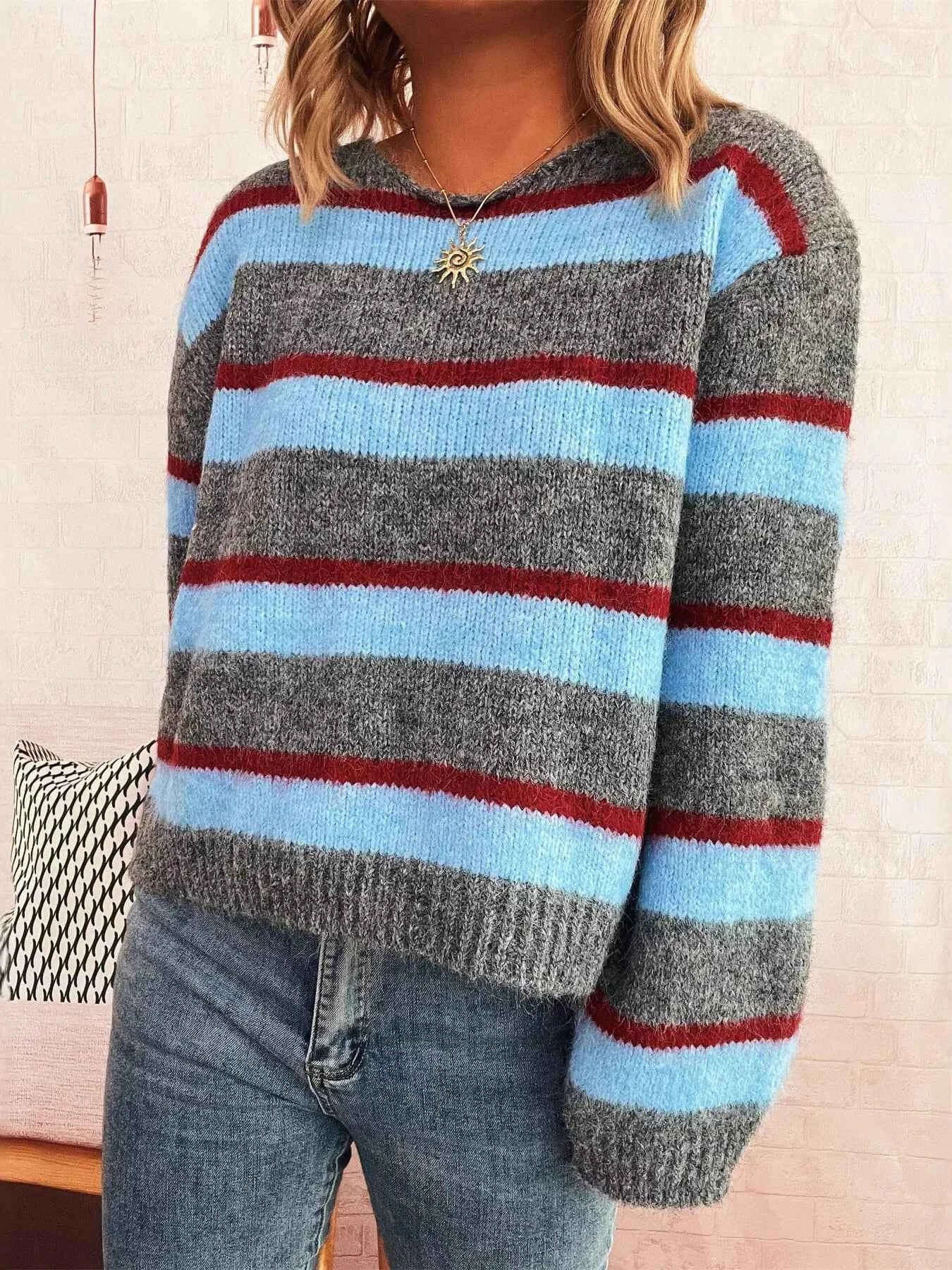 Striped Round Neck Long Sleeve Sweater 268b69f14aac461d8cef57cb1ceccfd6-Max-Origin