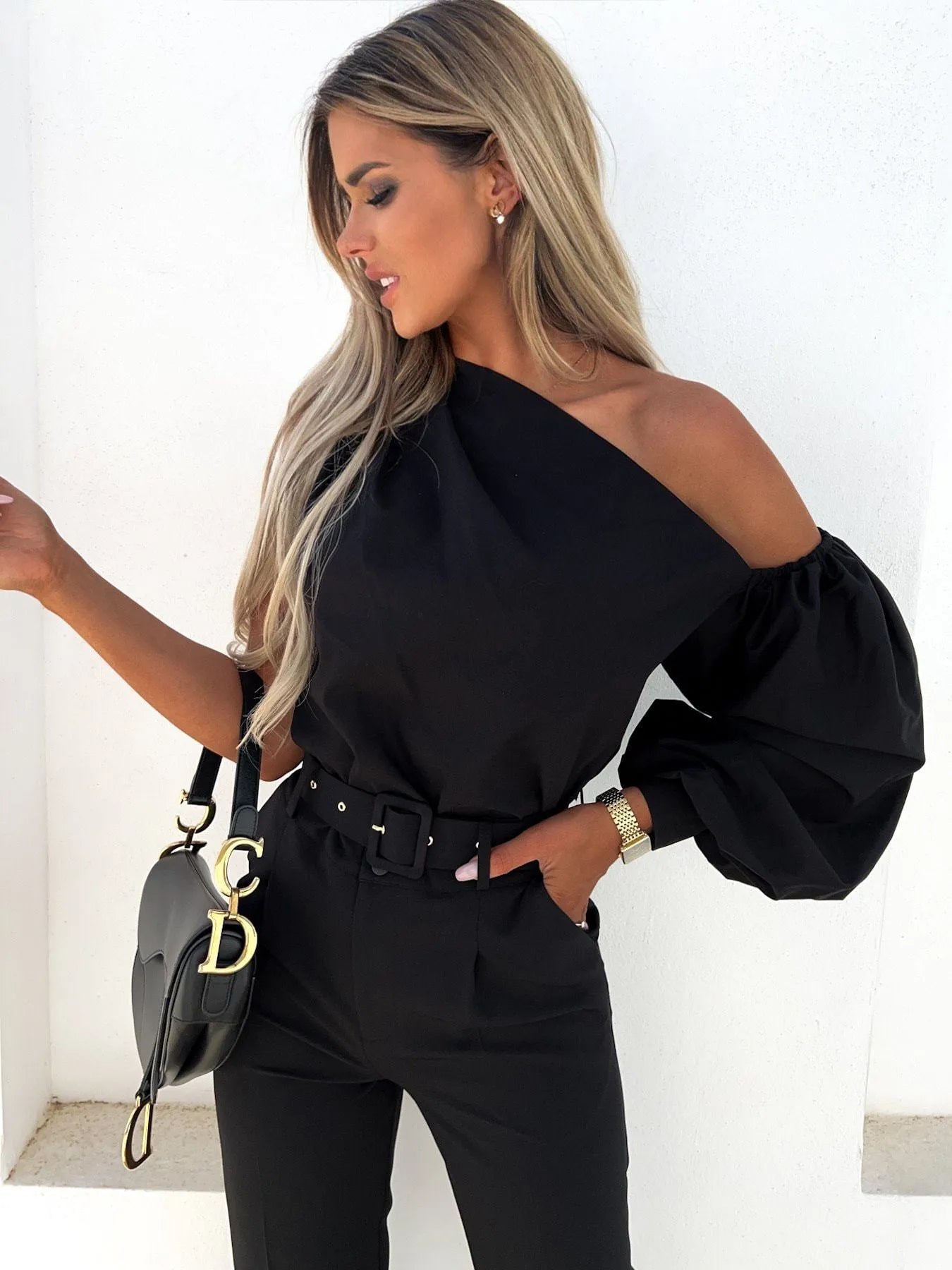 One Shoulder Puff Sleeve Blouse Black 26b4990d99b2494c870e833aafb55022-Max-Origin
