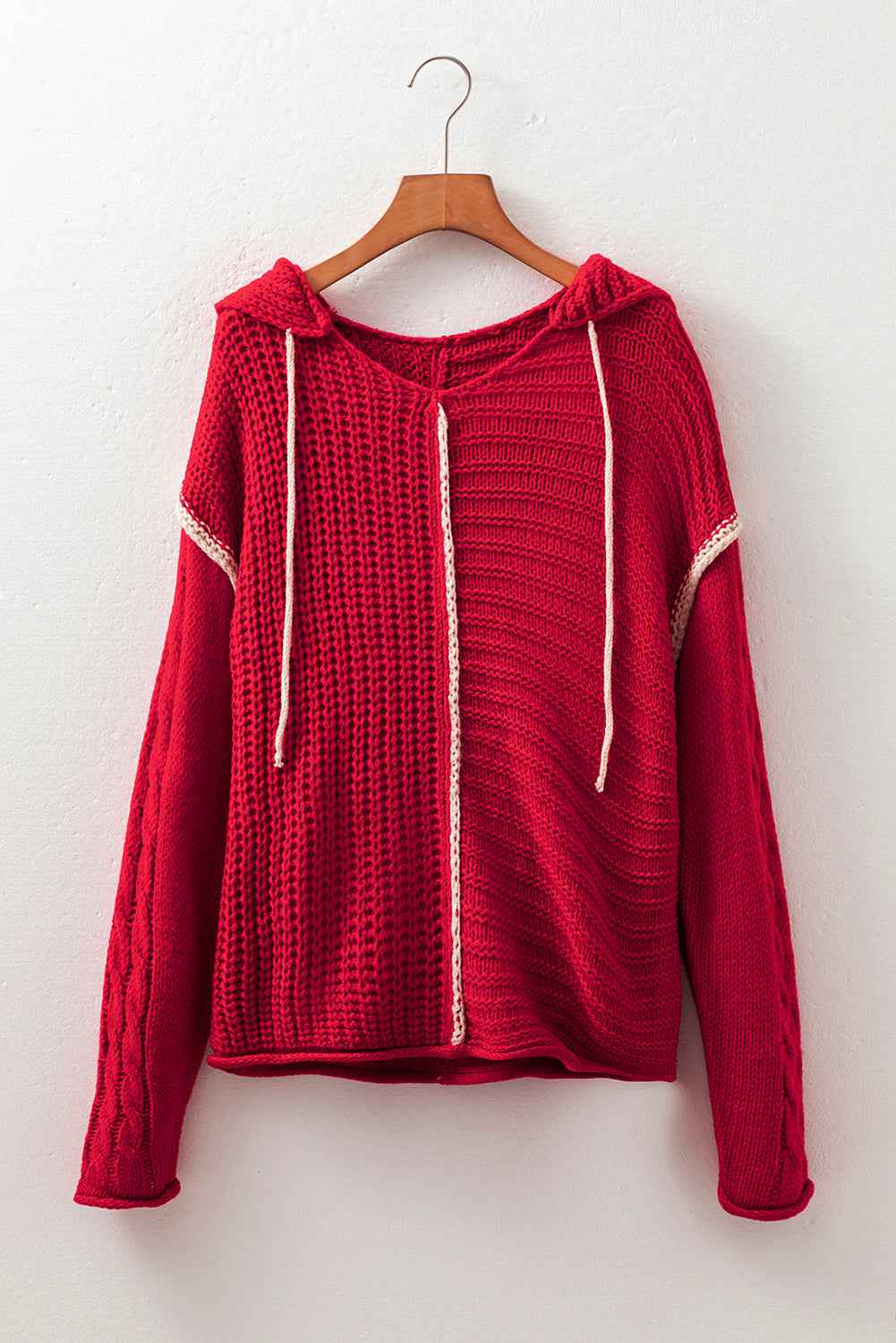 Racing Red Contrast Trim Textured Knit Drawstring Hooded Sweater 26c29e84283e15df