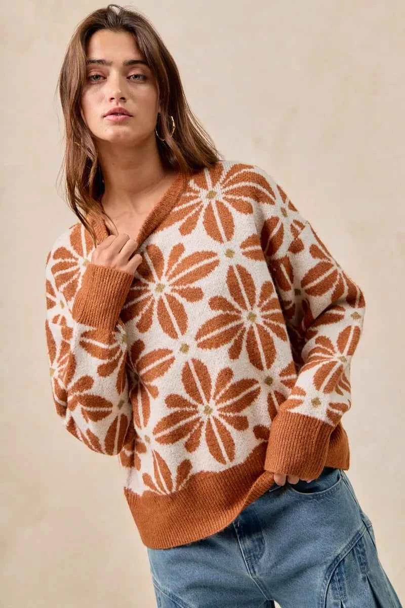 BiBi Flower Pattern Long Sleeve Sweater RUST IVORY 26e4349d7b37415b812c10ea9daa97c8-Max-Origin