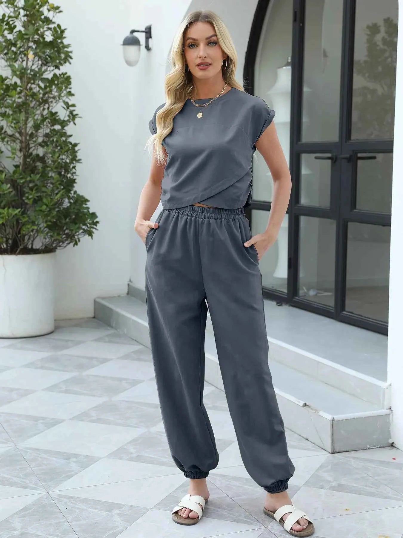 Round Neck Short Sleeve Top and Pants Set 26ef892dd98544bda95653450520e4b5-Max-Origin
